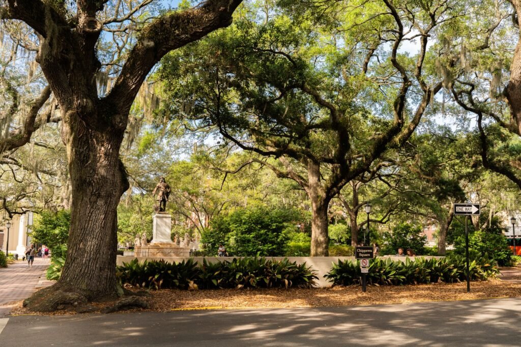 A family explores the shaded benches of a historic Savannah square, perfect for a break during sightseeing