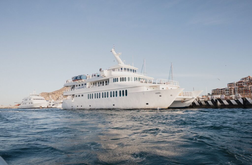 A luxurious yacht anchored at the picturesque Cabo San Lucas Marina in Baja California Sur, Mexico
