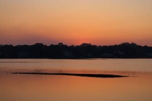 A peaceful sunset reflecting over calm lake waters with a silhouette of trees