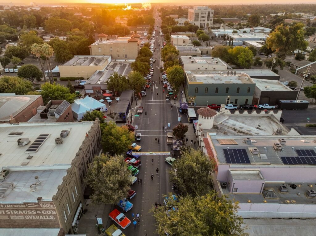 A sunny view of Manteca’s historic downtown district, perfect for strolling and photo ops