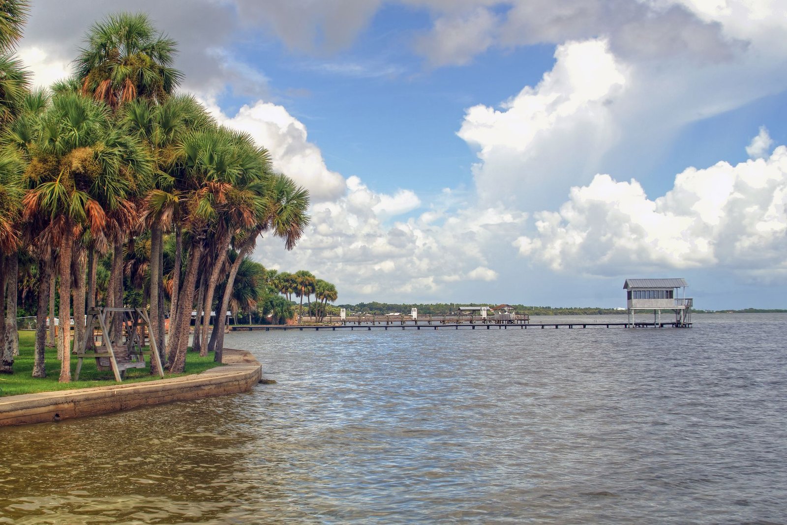 A tranquil view of a palm-lined lagoon in Florida with a dock extending into the water under a cloudy sky