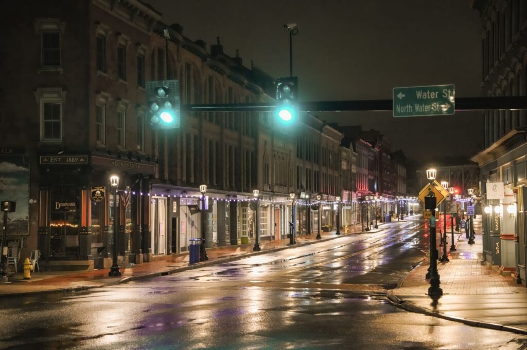 A view of Watertown’s historic downtown with brick storefronts and the iconic Public Square