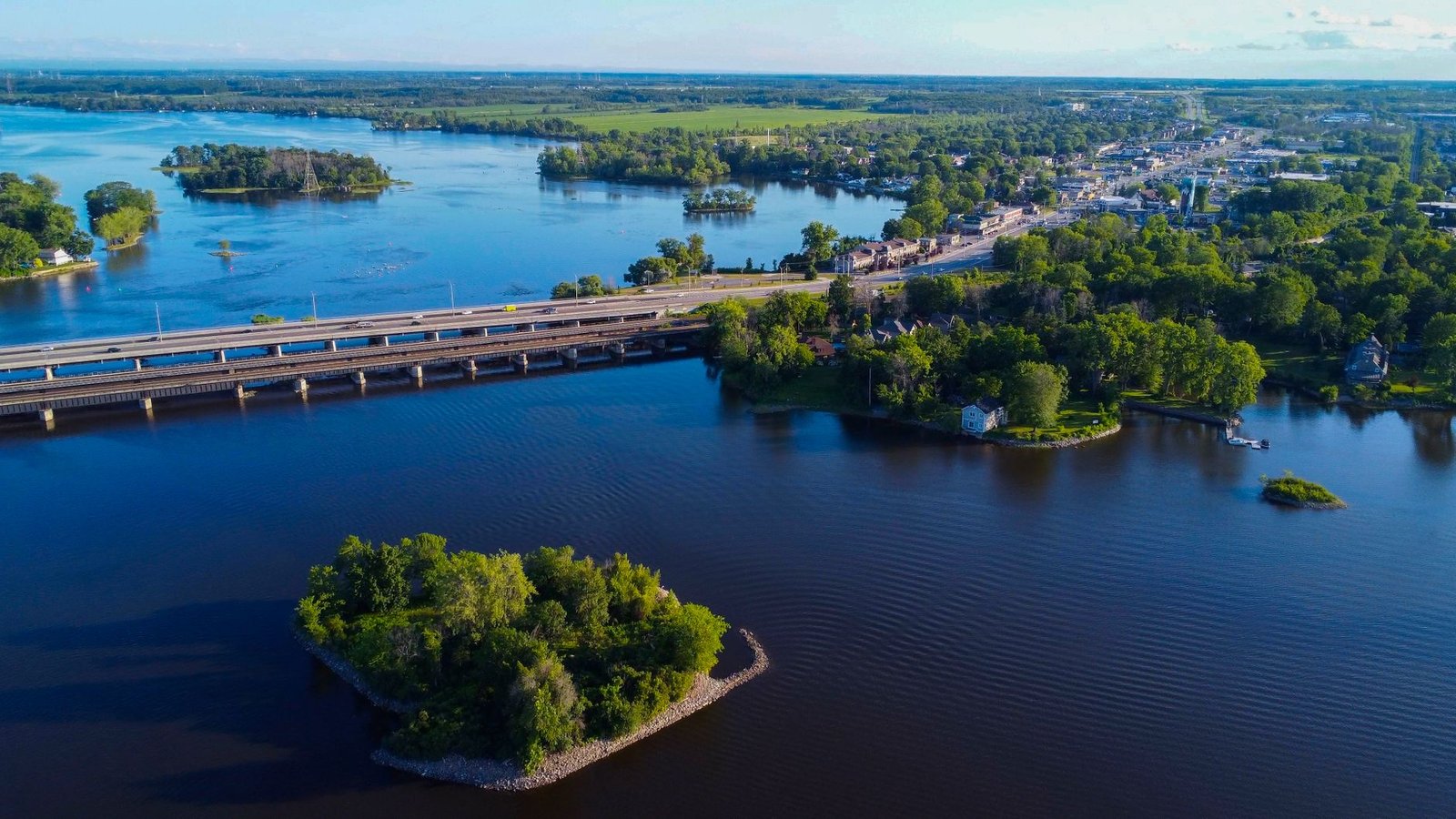 Aerial shot of Vaudreuil-Dorion, QC, Canada with bridge and river view