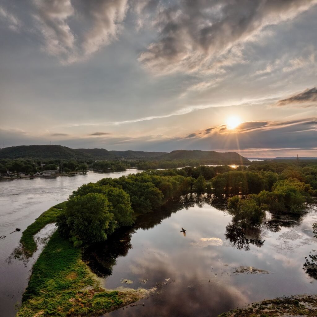 Beautiful landscape with a river and sunset in Wabasha, Minnesota, USA