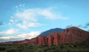Breathtaking view of red rock formations against a clear blue sky in Salta Province, Argentina