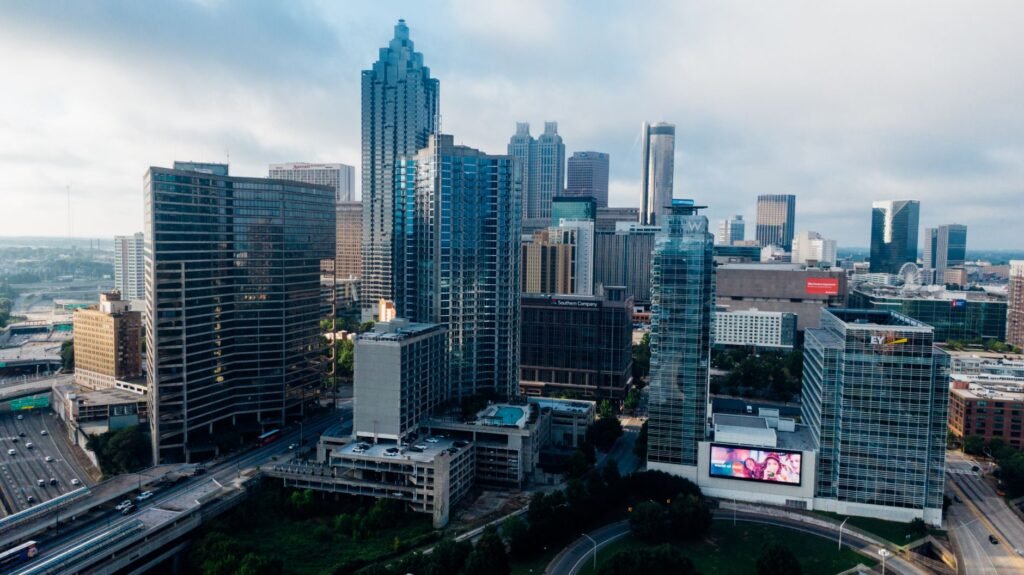 Buckhead’s upscale skyline glitters at dusk, framing the city’s vibrant streets