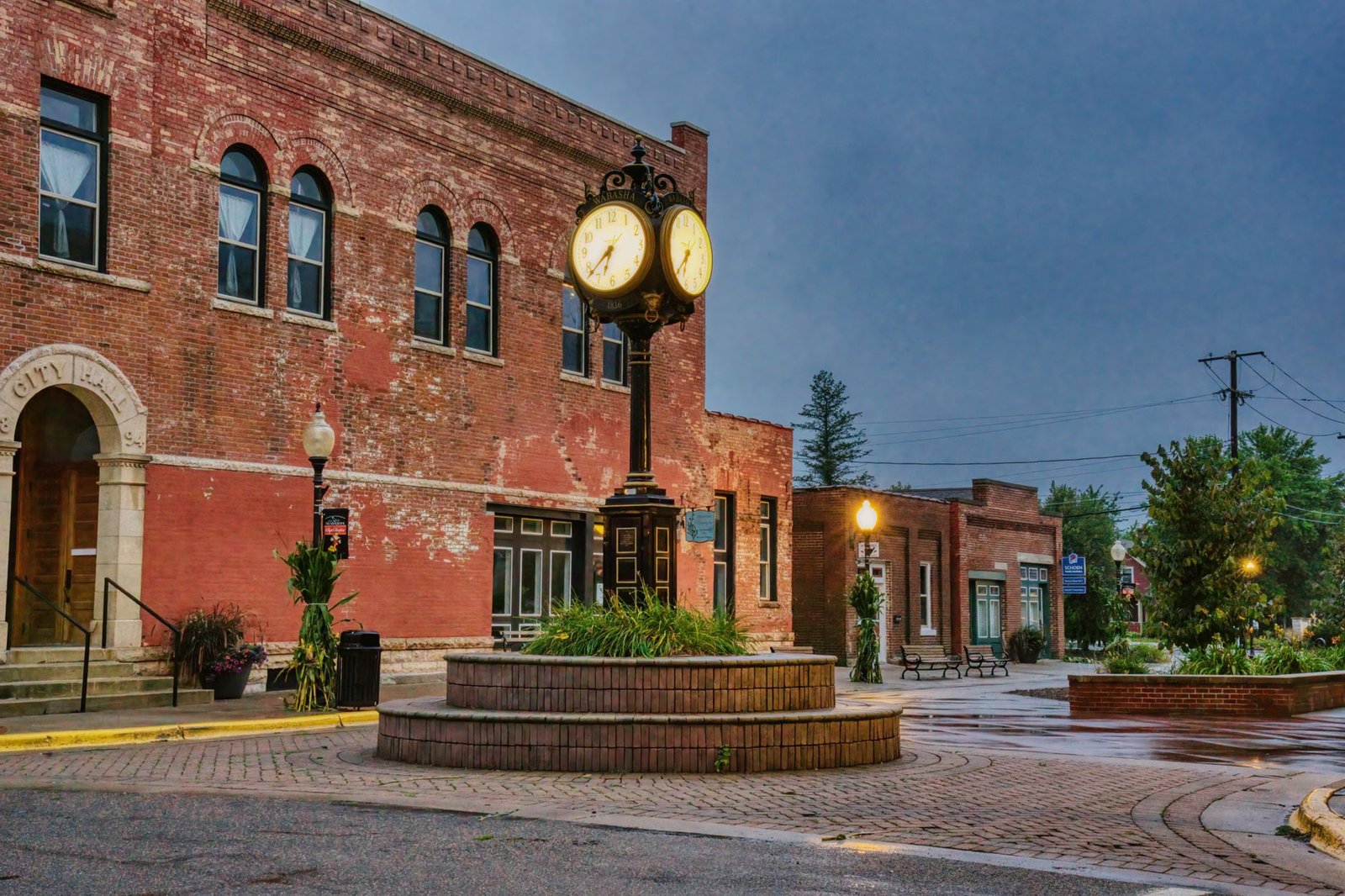 Charming brick building with unique street clock in Wabasha, Minnesota