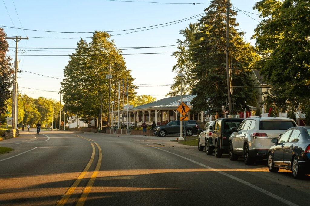 Charming storefronts line the historic main street of Bayfield