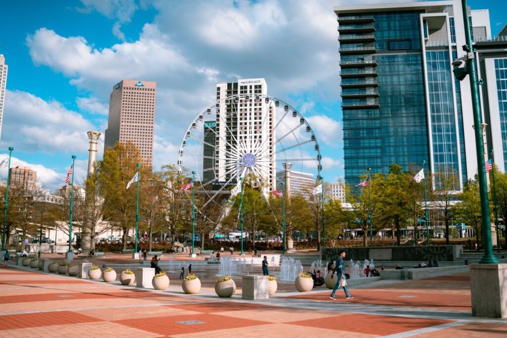 Children playing on the interactive splash pad in Centennial Olympic Park