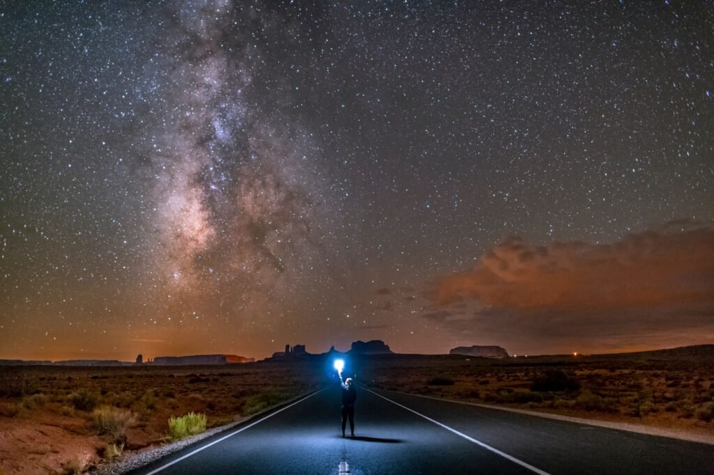 Clear night sky reveals countless stars above Monument Valley