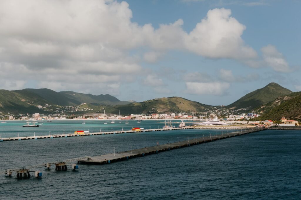Colorful boats in Philipsburg harbor at sunset