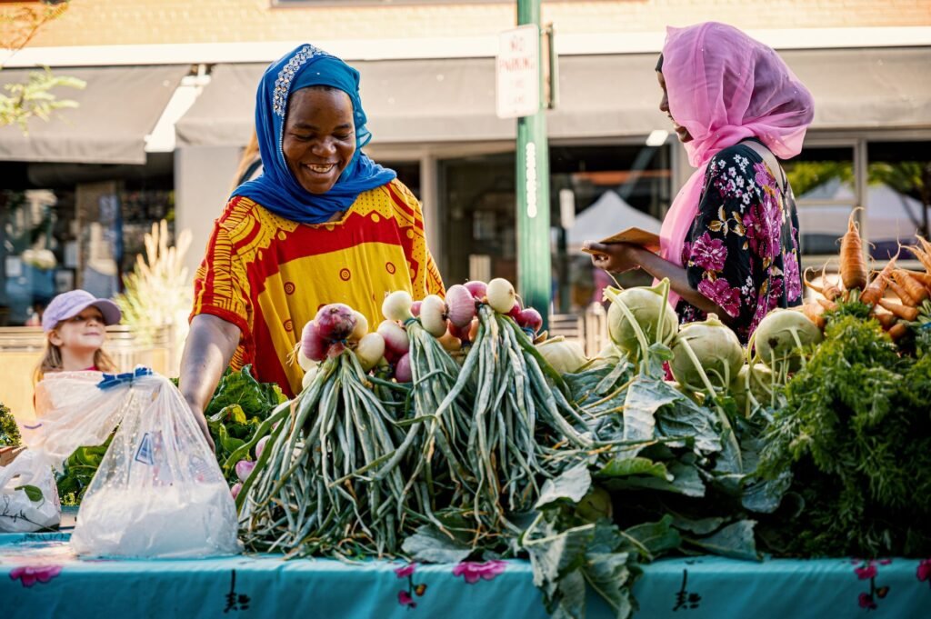 Colorful stalls at the Marion Farmers Market offering local produce