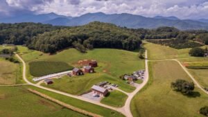 Drone view of a scenic farm landscape with distant mountains and lush greenery