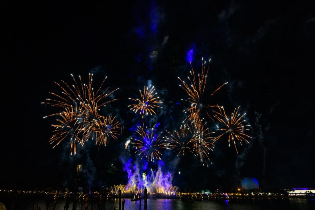 Epcot illuminated at night, showing the iconic geodesic sphere