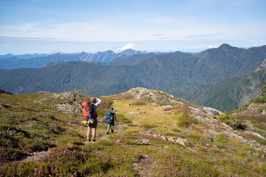 Hikers enjoying a free trail on Lookout Mountain with city views in the distance