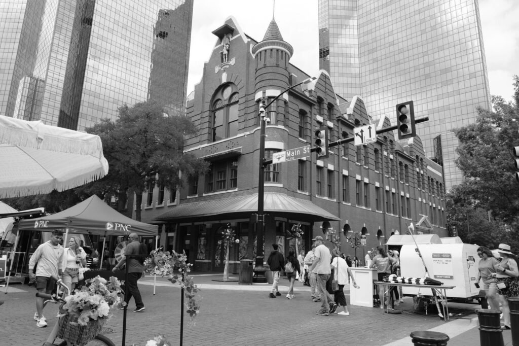 Historic downtown Flower Mound storefronts and cafes