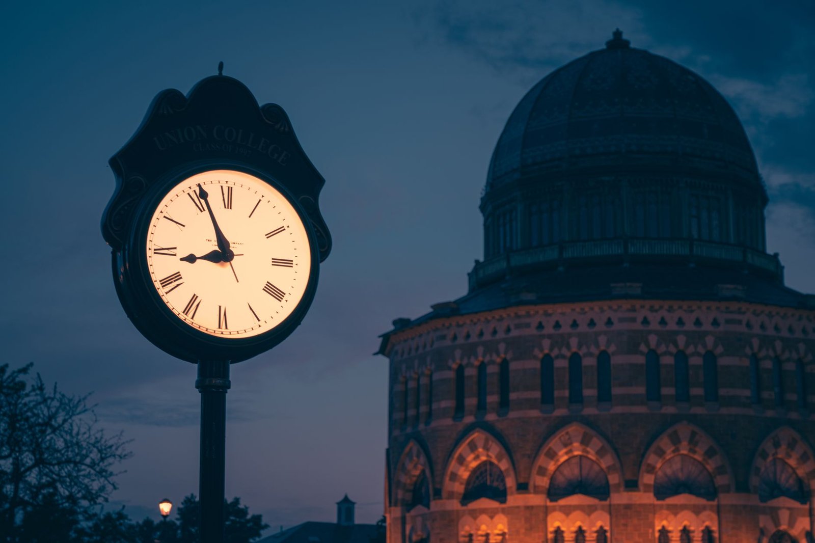 Night view of the Union College clock and building with beautiful illumination