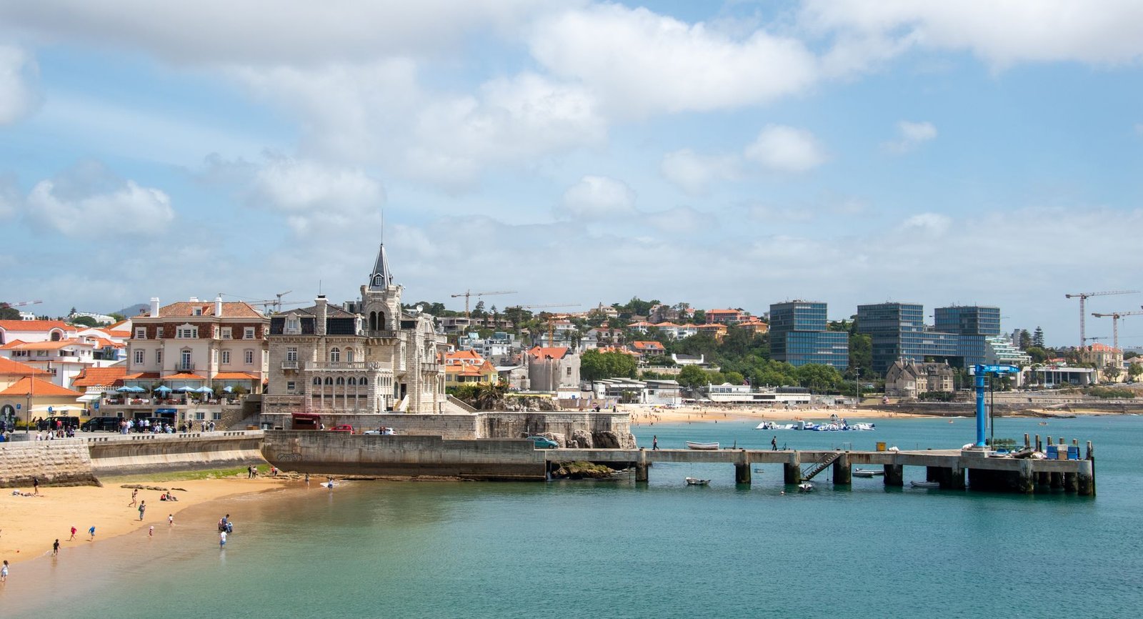 Scenic view of Cascais, Portugal with historic architecture by the beach