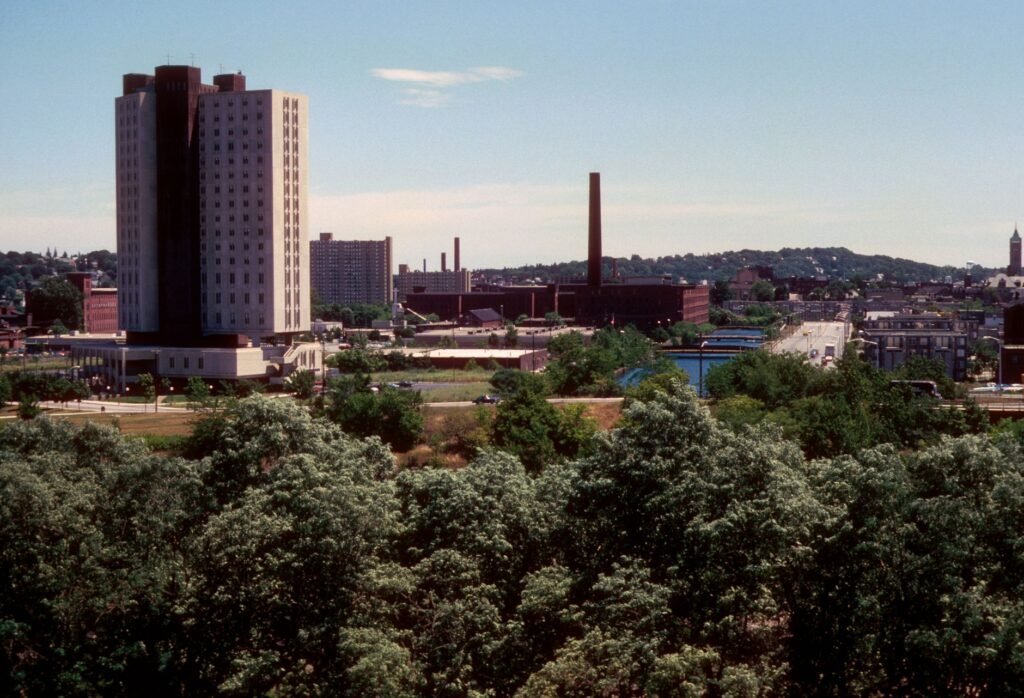 Skyline of Lowell, Massachusetts with prominent buildings and smokestacks