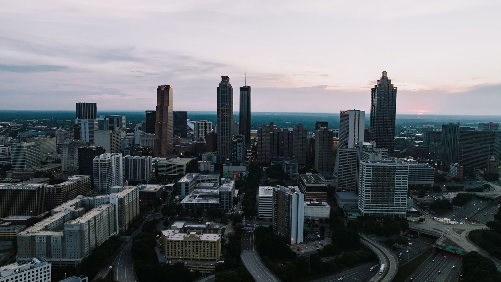 Stunning aerial view of Atlanta, Georgia skyline during sunset