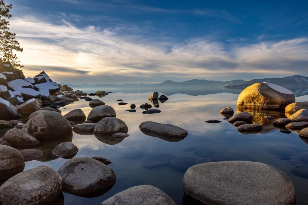 Sunrise over the crystal‑clear waters of North Lake Tahoe