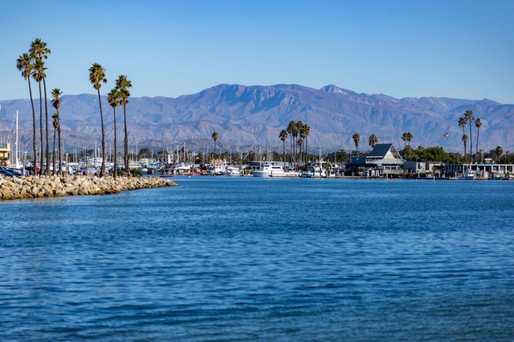 Sunset view over Oxnard Harbor, ideal for evening strolls