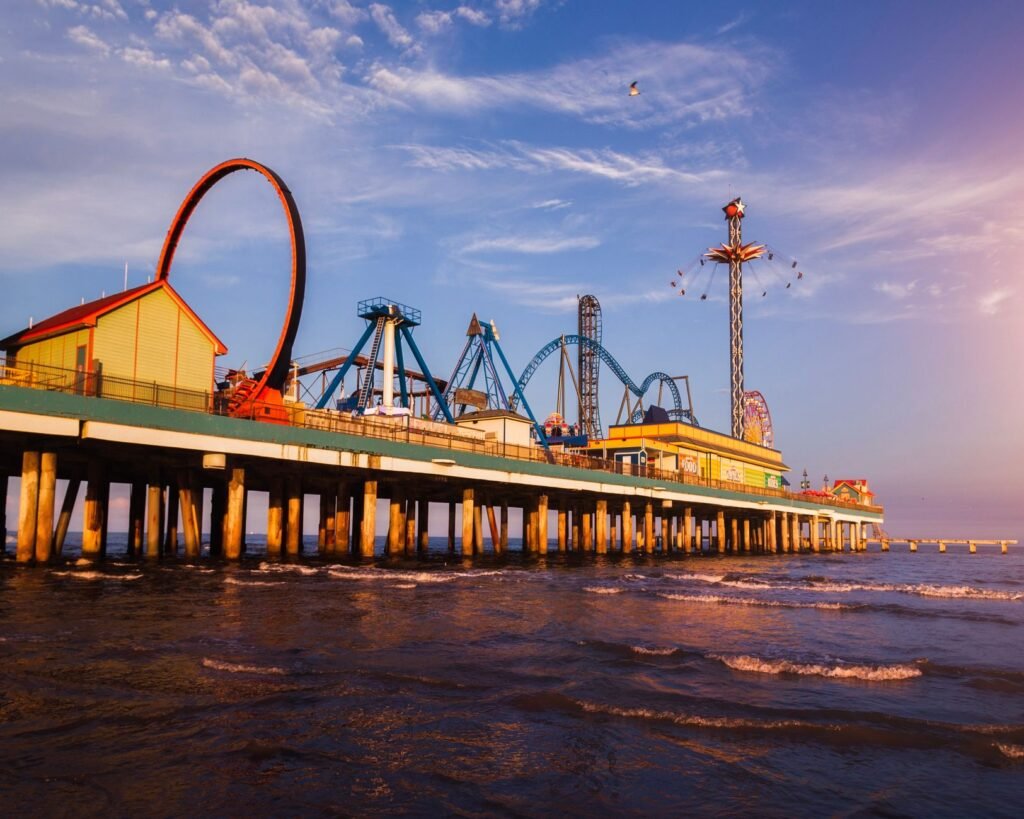 Sunset views from the historic Galveston Seawall Pier provide a perfect backdrop for evening walks