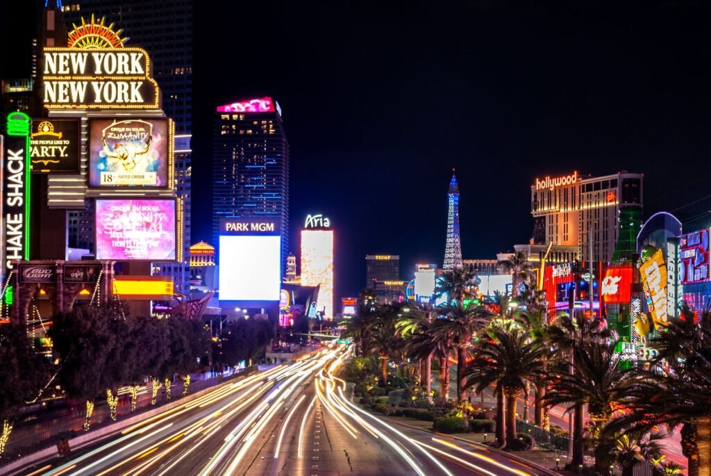 The neon‑lit Strip welcomes families and teens alike