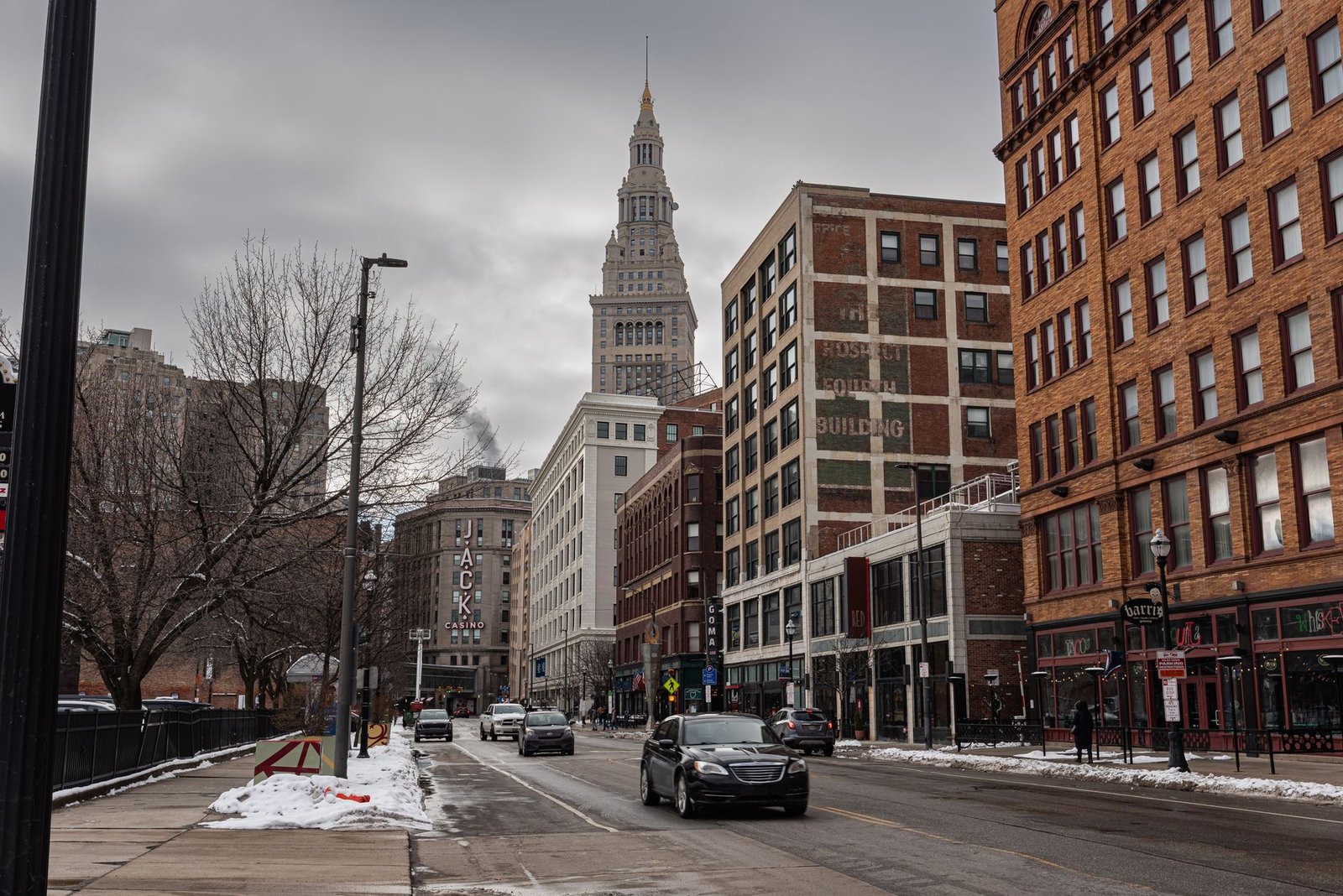 View of downtown Cleveland featuring Terminal Tower on a winter day